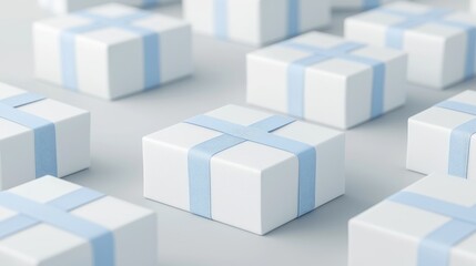 Obraz premium White gift boxes with light blue ribbon, arranged on a surface. Holiday gifting, ecommerce, product background