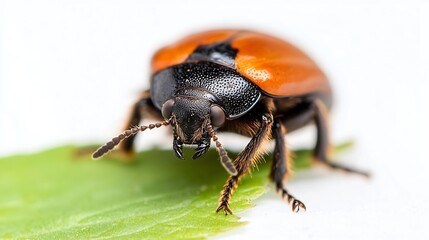 Fototapeta premium Closeup of a vibrant orange beetle on a green leaf showcasing its intricate textures and natural colors : Generative AI