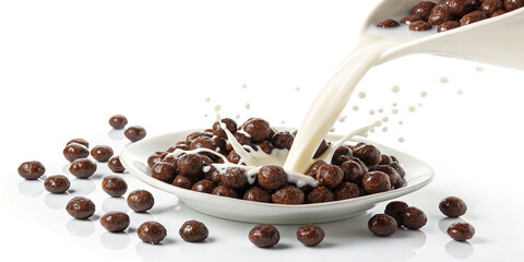 A Delicious Visual of Milk Being Poured Over Chocolate Corn Balls for Breakfast