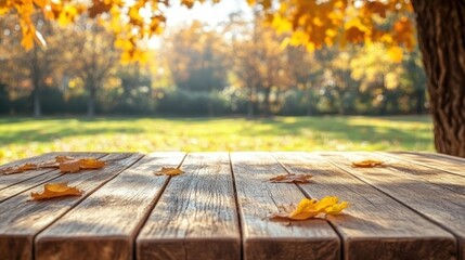 Autumnal Park Picnic Table: Golden Leaves and Sunlight