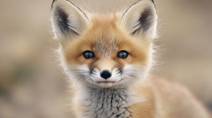 Fototapeta premium Close-up of a young kit fox with fluffy fur, standing on arid land in Salt Lake City, UT.