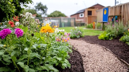 Beautiful Flower Bed Garden with Vibrant Blooms and Gravel Pathway in a Community Space : Generative AI