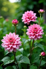 Fototapeta premium Pink dahlia blooms in a lush garden with greenery and foliage, botanical, pink