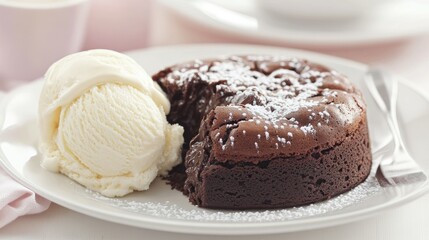 Decadent chocolate lava cake dusted with powdered sugar, accompanied by a scoop of ice cream on a white plate.