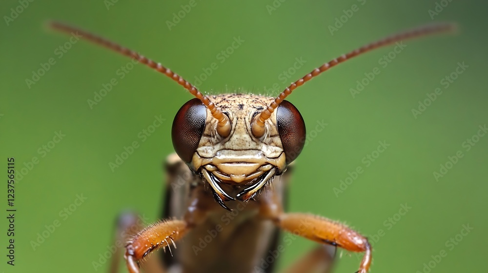 Poster detailed closeup of inquisitive praying mantis in a green natural environment : generative ai