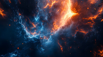 A brilliant and colorful galactic nebula, with vibrant orange and blue hues swirling together, creating a stunning visual of celestial energy and beauty on a cosmic scale.