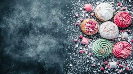 Colorful pastries, sugar sprinkles, dark background, food photography, recipe website