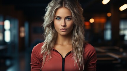 Beautiful sportive girl posing with crossed arms over dark wall.