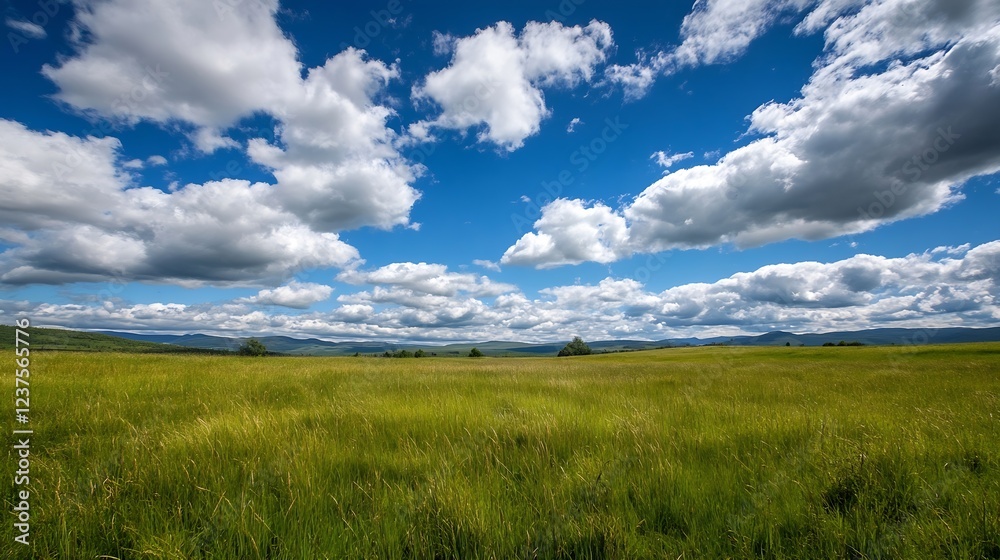 Aufkleber vast green field under blue sky with fluffy white clouds : generative ai