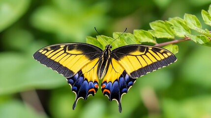 Obraz premium Yellow and Black Swallowtail Butterfly with Blue Highlights on Leafy Green Background : Generative AI