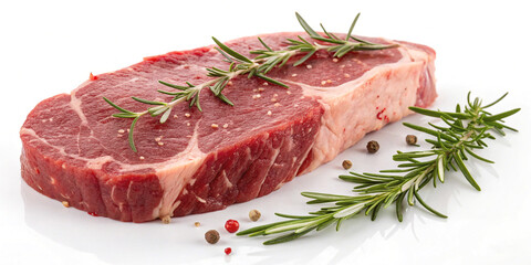 Juicy Raw Beef Steak with Rosemary Isolated on a White Background for Culinary Use