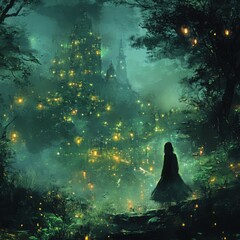 Obraz premium Enchanted Forest with Glowing Lights and Mysterious Castle View