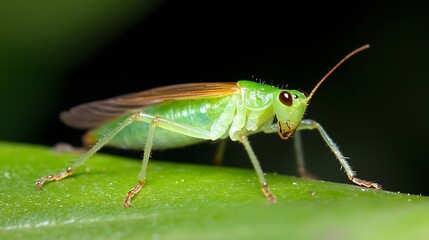 Sleek Green Insect with Brown Wings Resting on Leaf Capturing Subtle Elegance : Generative AI