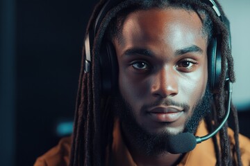 Positive call center agent with long dreadlocks in headset engaging with camera in a modern office setting