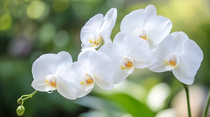 Obraz premium Elegant White Orchid Flowers with Soft Green Bokeh in a Sunlit Garden Setting : Generative AI