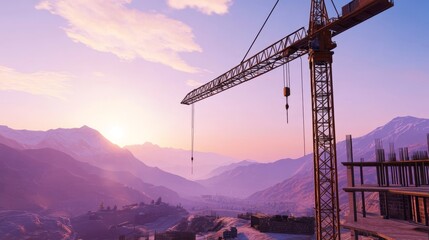 Construction crane silhouetted against a vibrant sunset over mountainous landscape, showcasing progress