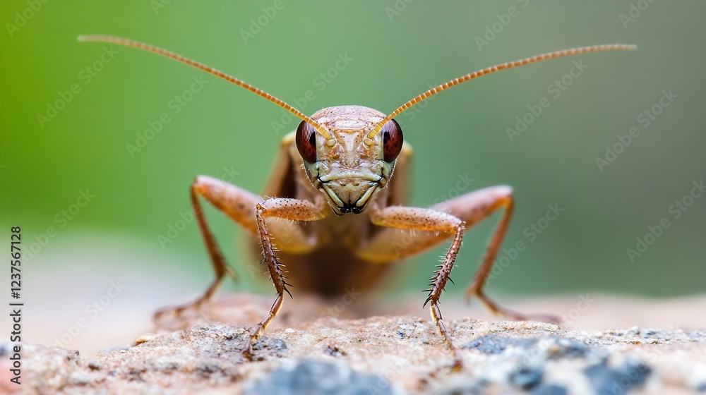 Poster intricate closeup of brown grasshopper on stone with natural green backdrop : generative ai