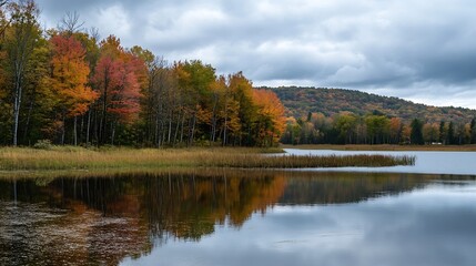 Fototapeta premium Peaceful Autumn Lake with Cloudy Sky and Reflective Foliage : Generative AI