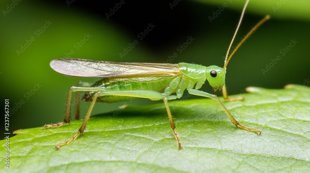 Poster Grasshopper on Green Leaf in Natural Habitat with Clear Background : Generative AI