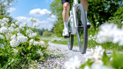 Naklejka premium Cyclist rides gravel path, wildflowers blooming, sunny day, outdoor leisure activity