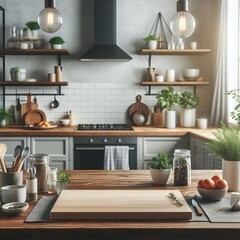 A modern kitchen interior with a focused wooden tabletop, sink, and stylish furniture