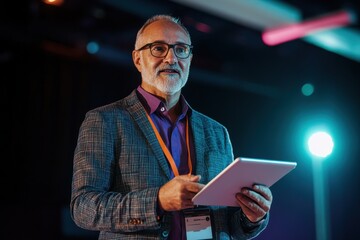 Presenter at a health conference discussing wellness pharmaceuticals and medical advancements accompanied by a host with a microphone and tablet
