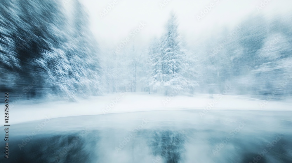 Poster serene winter wonderland with snow covered trees and reflection in frozen lake : generative ai