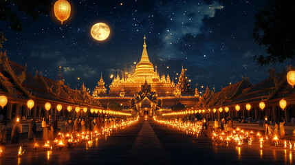 Obraz premium A large Buddhist temple during Vesak Poya, with a large golden stupa in the center. The temple is lit by hundreds of lanterns and candles, casting a warm glow all around