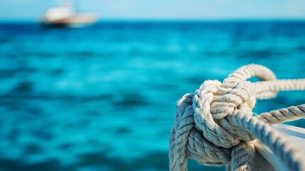 Fototapeta premium nautical rope detail tied on boat railing with blurred ocean background : Generative AI