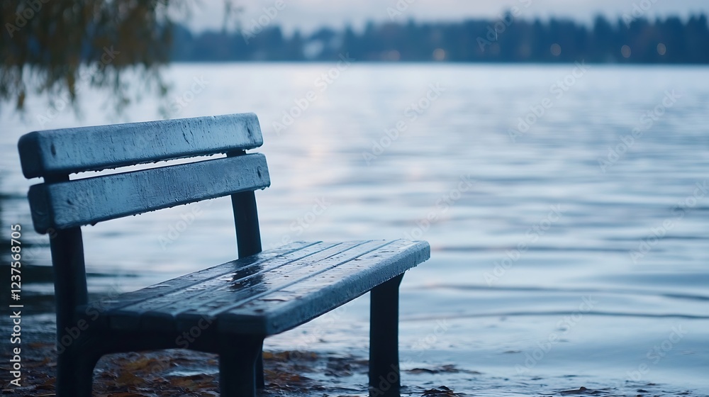 Poster peaceful lakeside bench at dusk with tranquil water and soft reflections : generative ai