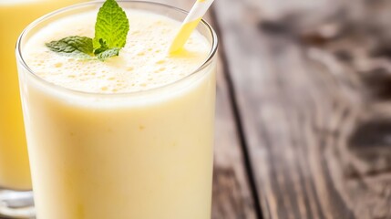 Creamy Vanilla Banana Smoothie with Fresh Mint on Rustic Wooden Table : Generative AI