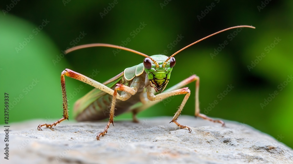 Poster Lifelike Image of a Cricket on Rock Capturing Unique Features and Greenery in the Background : Generative AI