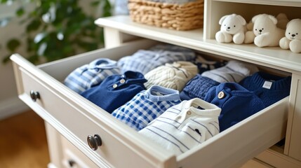 Baby boy's neatly folded clothes in nursery dresser drawer