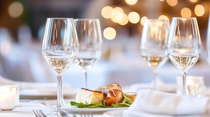 Elegant Restaurant Table Setting with Wine Glasses and Candlelight Ambiance : Generative AI