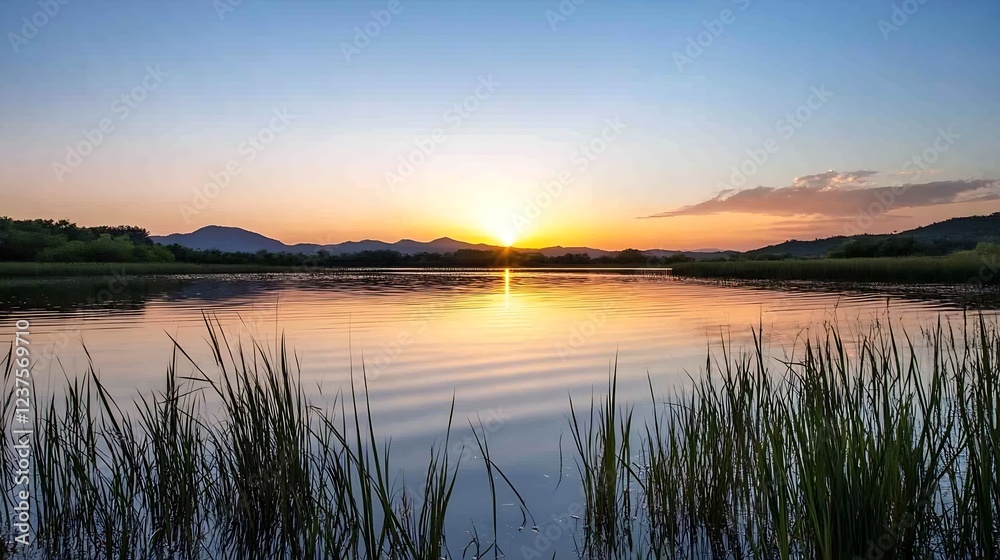 Poster serene sunset over a tranquil lake with mountains in the background : generative ai