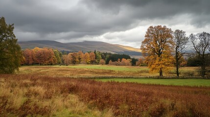 Obraz premium Dramatic Autumn Landscape with Stormy Sky and Colorful Trees in Countryside : Generative AI