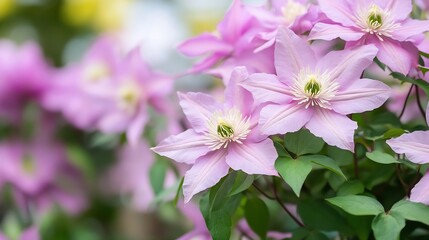 Naklejka premium Vibrant Pink Clematis Flowers Blooming Lush Green Foliage in Sunny Garden : Generative AI