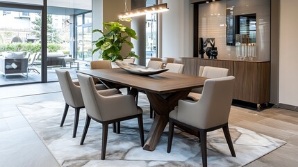 Obraz premium Elegant Dining Room Interior with Wooden Table and Comfortable Upholstered Chairs : Generative AI