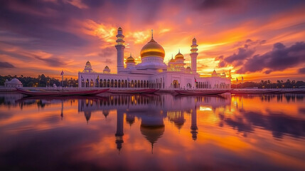 Fototapeta premium Independence Day of Brunei Darussalam. Stunning view of Sultan Omar Ali Saifuddin Mosque in Brunei at sunset