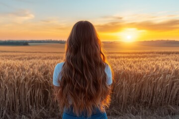 Obraz premium Rear view of a woman with wavy hair gazing at a sunset over a wheat field