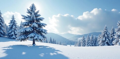 Obraz premium Snow-clad tree rises above frozen forest floor, snow, icy
