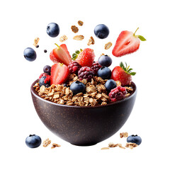 Flying Bowl of Acai with Granola and Strawberries Isolated on Transparent Background