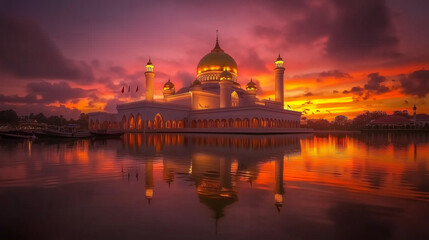 Independence Day of Brunei Darussalam. Stunning view of Sultan Omar Ali Saifuddin Mosque in Brunei at sunset
