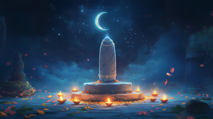 Maha Shivaratri, Shiva Lingam is placed on a marble pedestal, surrounded by lit diyas, fresh Bilva leaves and scattered flower petals.
