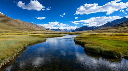 Winding River Cutting Through Lush Valley Amidst Majestic Mountain Range : Generative AI