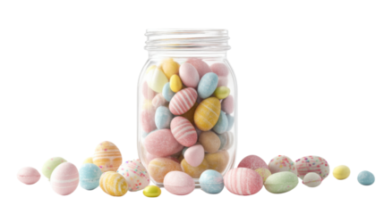 Colorful easter eggs in a glass jar on transparent background