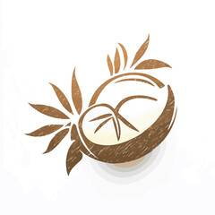 Colorful, black and white Coconuts and coconut half with leaves isolated on a white background Art & Illustration