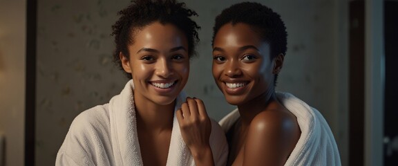 Obraz premium Sisters in Spa Relaxation: Two radiant Black sisters, one in a white bathrobe and the other with bare shoulders, share a warm smile and intimate moment after a spa treatment, bathed in soft.