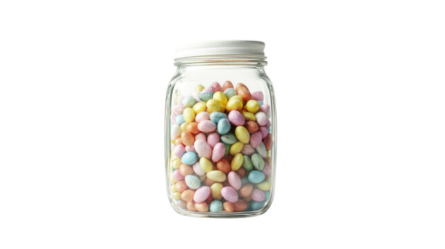 Glass jar full of colorful speckled candy eggs on transparent background