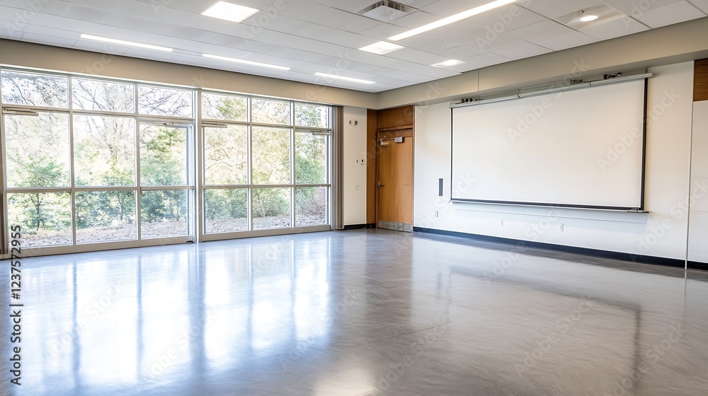 Fototapete empty bright classroom with large windows and modern presentation screen : generative ai